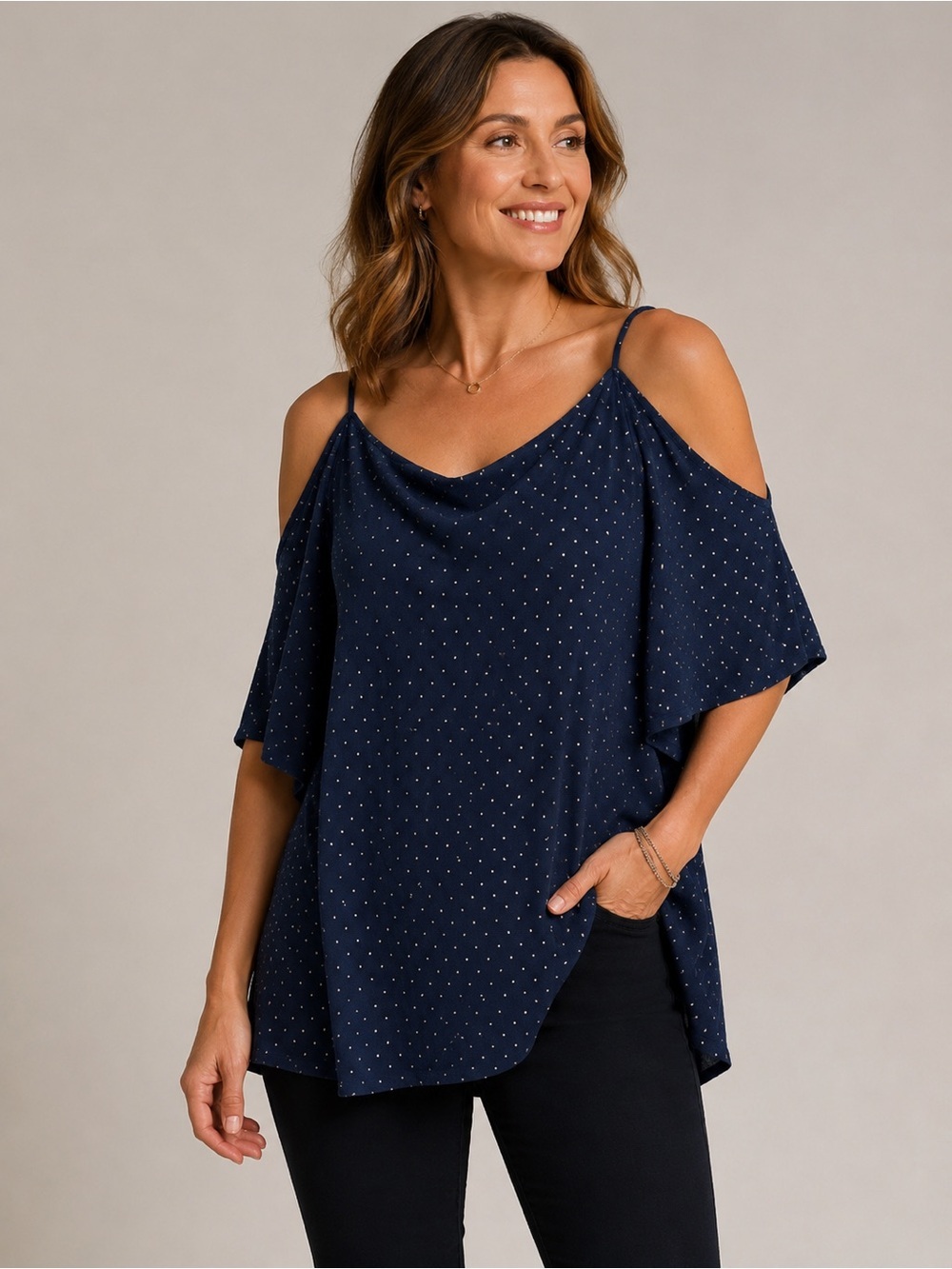 SHANNON NY Women's Navy Cold-Shoulder Polka Dot Top - L